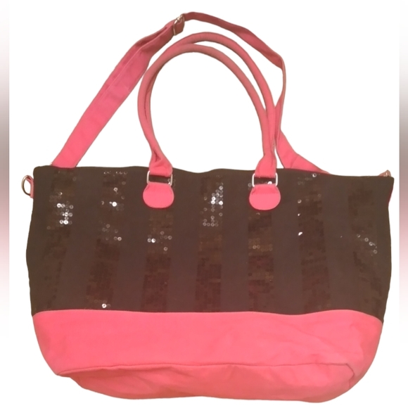 Victoria's Secret Canvas Tote Bag in Black and Dark Pink Stripes Black Sequins. - Picture 2 of 10